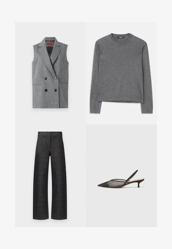 Grå ærmeløs blazer med en dobbeltradet design, reverskraver, to forlommer og sorte knapper. Lodret struktureret mønster hele vejen igennem.; Grå langærmet sweater i blødt strikket stof. Har rund halsudskæring, ribbede manchetter og kant, med en afslappet pasform og sømløs konstruktion.; Bredde ben bukser i sort denim. Har en tekstureret finish med en ren talje og ingen synlige metaldele eller lommer.; NEOUS IRENA - Pumps - black