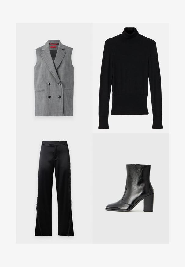 Szürke ujjatlan blézer, duplakabátos dizájnnal, nyakkivágásos gallérral, két elülső zsebbel és fekete gombokkal. Függőleges texturált minta az egész anyagon.; AERON TENDER LONG SLEEVED - Pulóver - black; Fekete selyem nadrág, széles szárakkal, oldalsó varrásain frufru részletekkel és lapos elülső derékrészes. Egyszerű hátul zsebek nélkül.; Fekete bőr bokacipő sima textúrával, hegyes orral és vastag, magas sarkával. Oldalnyílással és minimalista dizájnnal rendelkezik.