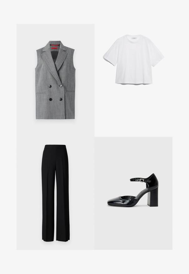 Gray sleeveless blazer with a double-breasted design, notch lapels, two front pockets, and black buttons. Vertical textured pattern throughout.; White cotton t-shirt with short sleeves, round neckline, relaxed fit, and no visible patterns or graphics. Smooth texture and simple design.; Black wide-leg trousers with a smooth texture, featuring a high waistband and center pleats. No visible patterns or hardware details.; Black patent leather high-heeled shoes with a square toe, ankle strap, and a chunky heel. Includes perforated detailing along the rim.