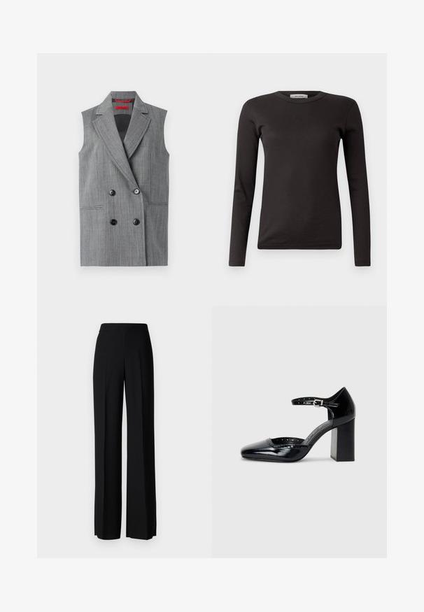 Grå utenermed utringning, dobbeltraderte detaljer, to frontlommer og sorte knapper. Vertikal teksturert mønster gjennom hele.; Svart langermet ribbestrikket T-skjorte med rund hals, laget av myk stoff, med et enkelt design uten dekorasjoner eller mønstre.; Sorte vidde bukser med en glatt tekstur, med høy midje og sentrale folder. Ingen synlige mønstre eller maskinvaredetaljer.; Sorte lakk lær høye hæler med firkantet tå, ankelrem og chunky hæl. Inkluderer perforerte detaljer langs kanten.