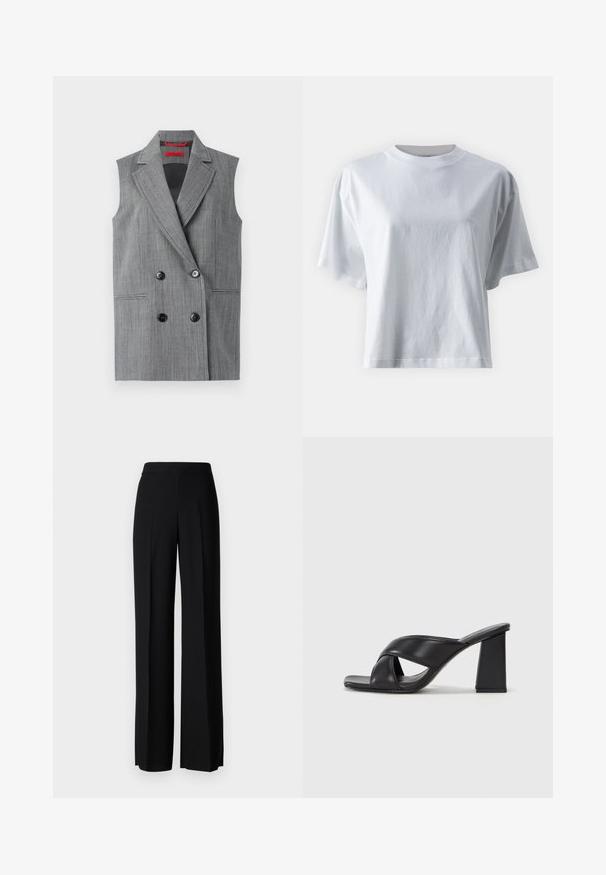 Grau ärmelloser Blazer mit doppelter Knopfleiste, Reverskragen, zwei Vorderaschen und schwarzen Knöpfen. Vertikales Texturmuster über das gesamte Kleidungsstück.; IVY OAK KYLA - T-Shirt basic - bright white; Schwarze weite Hosen mit einer glatten Textur, ausgestattet mit einem hohen Bund und mittleren Falten. Keine sichtbaren Muster oder Hardware-Details.; MAX&Co. SOHO - High Heel Sandalette - schwarz
