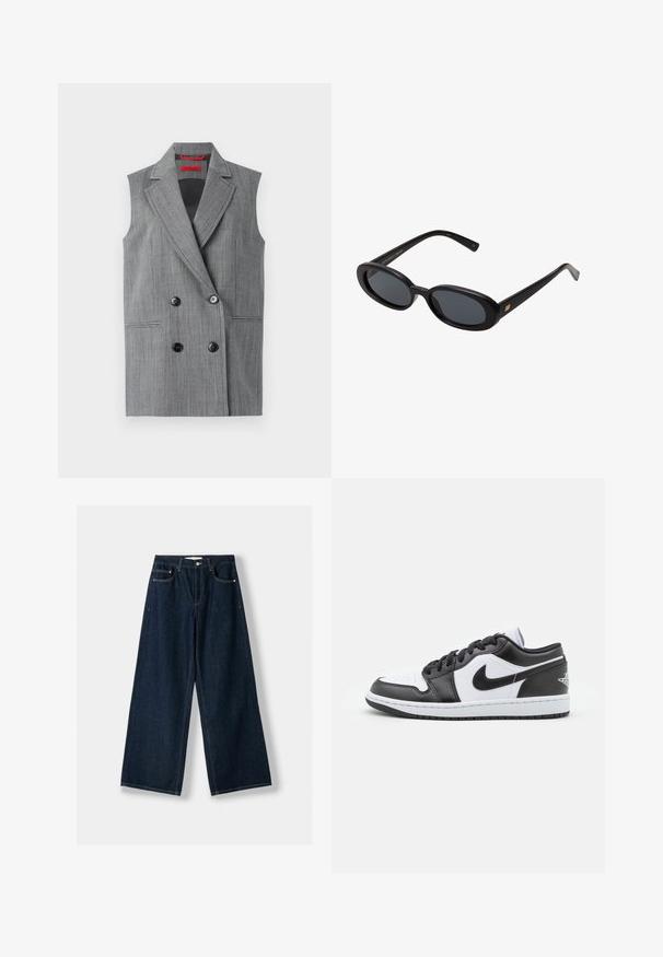 Grå ærmeløs blazer med en dobbeltradet design, reverskraver, to forlommer og sorte knapper. Lodret struktureret mønster hele vejen igennem.; Langærmet hvid T-shirt med rund hals og "WEEKDAY" mærke på den indvendige krave, lagt fladt på en lys grå baggrund.; Mørkeblå, vide jeans lavet af denim. Har fem lommer, knap- og lynlås lukning samt kontrastsyning detaljer.; Sorte og hvide Nike lavtoppede sneakers har en glat læderoverdel, rund tå, snørelukning og en mønstret gummisål.; Store store