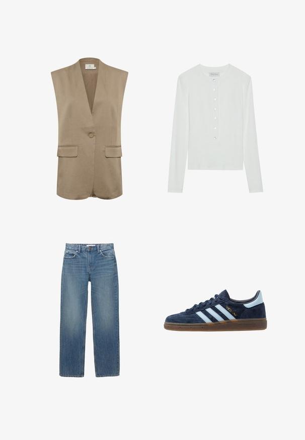 Beige mouwloze blazer met een V-hals, enkele knoopsluiting en twee voorzakken. Glad fabric en een op maat gemaakt ontwerp met subtiele stiksels.; Witte lange mouwen top van ribstof, met een ronde halslijn en een knopenfront met zes doorzichtige knopen.; Lichtblauwe denim jeans met een rechte snit, vijf zakken en koperen hardware. De stof heeft een lichte vervaging en een gladde textuur.; Marineblau suede Adidas sneaker met lichtblauwe strepen, gumzool, lichtblauw hielstuk en gouden "Spezial" branding aan de zijkant.