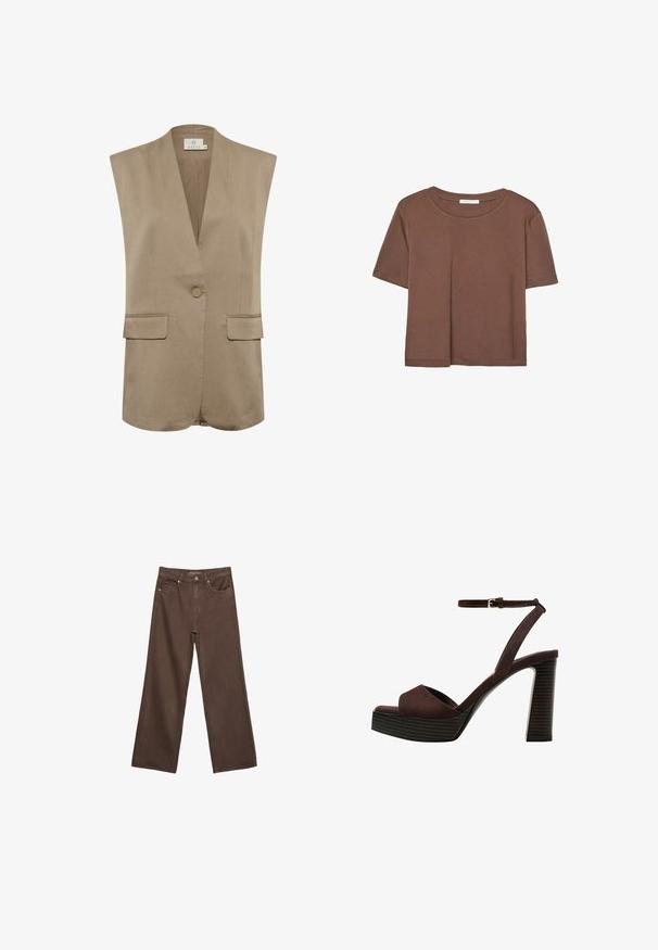 Beige ärmelloser Blazer mit V-Ausschnitt, einer Knopföffnung und zwei Vorderaschen. Glattes Material und maßgeschneiderter Schnitt mit dezenten Nähten.; Braunes, kurzärmliges T-Shirt aus weichem Material mit rundem Halsausschnitt und lockerer Passform. Keine sichtbaren Muster oder Akzente.; Weite braune Jeans aus Denim, mit hoher Taille, Fronttaschen und klassischem Knopfverschluss. Glatte Textur mit feinen Nähten.; Braune Wildleder-Pumps mit offenem Zeh, verstellbarem Knöchelriemen und gestreiftem Plateausohlen.