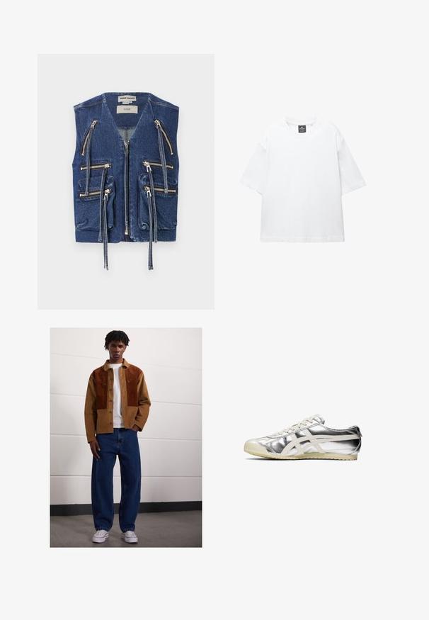 Denimväst med djup V-ringning, flera silverdragkedjor och fyra fickor. Texturerad med en medelblå tvätt, har accentuering i sömmarna och dragsko.; Vit kortärmad t-shirt i bomull, med rund halsringning och avslappnad passform med rak nederkant. Inga mönster eller dekorationer.; Man som står inomhus och bär en brun kordflodjacka med rostfärgade fläckar, vit t-shirt, lösa blå jeans och vita sneakers.; Silvriga metalliska sneakers med vita detaljer och snören. Har en texturerad yta, rund tå och en gummisula med ett mönster för grepp.
