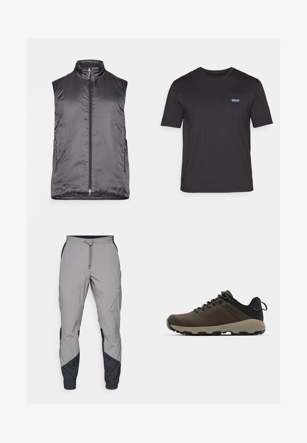 Houdini VEST - Weste - true black; Schwarzes T-Shirt mit kurzen Ärmeln aus Baumwolle, ausgestattet mit einer Brusttasche, die auf der linken Seite ein blaues Patagonia-Logo zeigt.; Leichte, graue Sporthosen mit schwarzen Akzenten. Elastischer Bund, Kordelzugverschluss, taillierte Beinform und Seitentaschen.; Braune wasserdichte Sneakers mit einer strukturierten Oberseite, perforierten Akzenten, schwarzem Fersenschutz und einer grauen Gummisohle. Die Schnürsenkel sind mit metallischen Enden gestaltet.