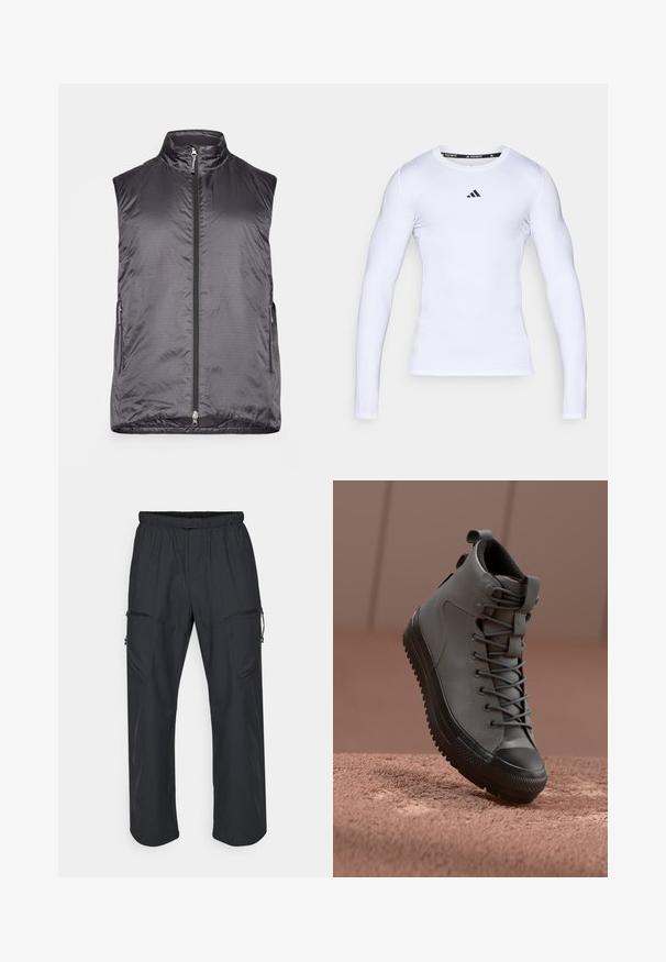 Houdini VEST - Liivi - true black; Valkoinen pitkähihainen urheilupaita joustavasta kankaasta, jossa on pyöreä kaula-aukko ja musta Adidas-logo rinnassa.; Mustat cargo-housut, joissa on elastinen vyötärö, kaksi vetoketjullista taskua ja kevyt, sileä kangas.; Korkean varren tennarit harmaasta nahasta, jossa on teksturoitu pintakuvio, musta kuminen varvaskuppi ja harmaat nauhat. Sukahanke kantapäässä.