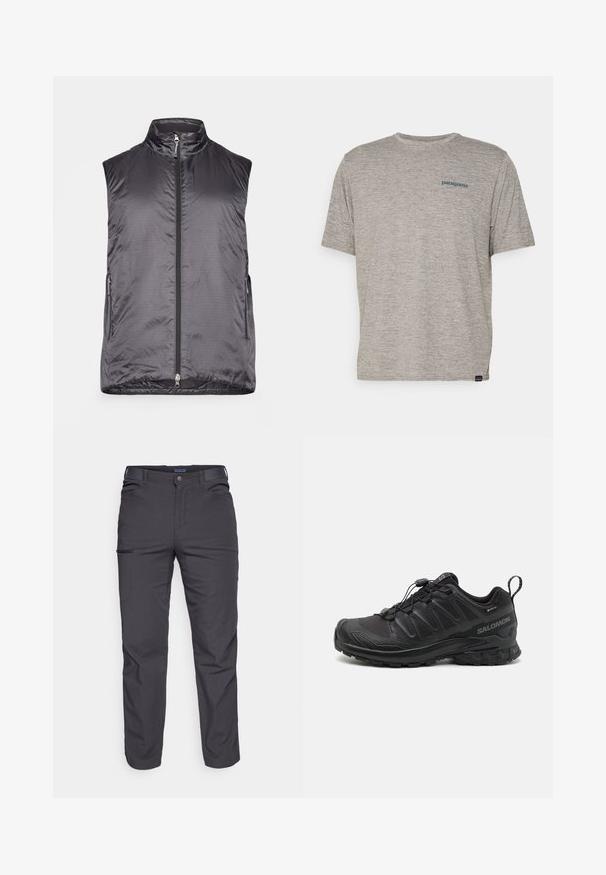 Houdini VEST - Vesta - true black; Sivý tričko s krátkym rukávom vyrobené z jemnej, textúrovanej tkaniny, s malým modrým logom Patagonia na ľavej strane hrude. Žiadne ďalšie vzory.; Tmavošedé nohavice vyrobené z odolného materiálu, s vreckom na zips, rovnými nohavicami a pútkami na opasok pre nastavenie veľkosti.; Čierna športová obuv so štruktúrovaným syntetickým zvrškom, polstrovanou podrážkou a rýchlozaviazaním. Obsahuje zosilnenú špičku a pätu.