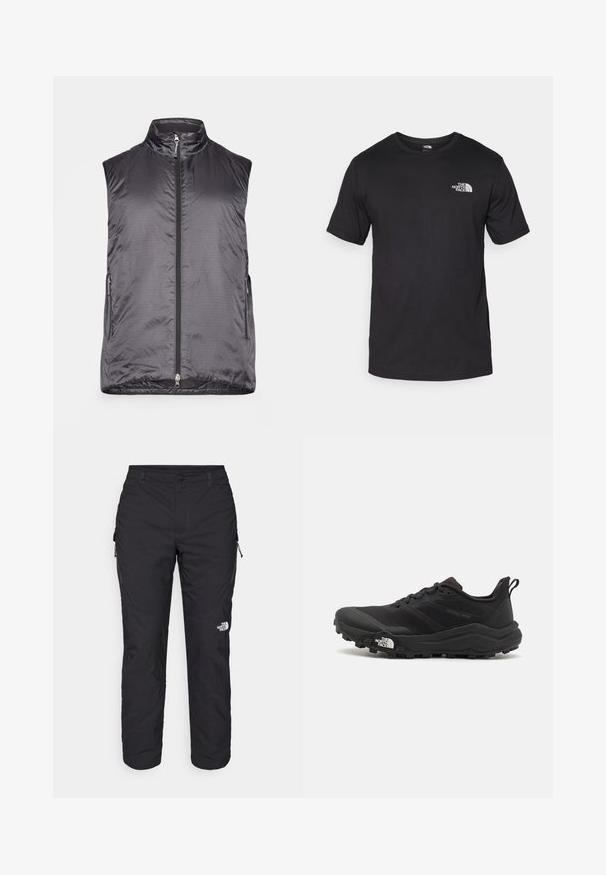 Houdini VEST - Colete - true black; T-shirt preto de manga curta feito de algodão, com um decote redondo e um pequeno logótipo branco na parte superior esquerda do peito.; The North Face WINTER EXPLORATION TAPERED CARGO - Calças para exterior - black; Sapatilha de trail running preta com um upper texturizado, sola de borracha e biqueira reforçada. Possui um colarinho acolchoado e uma alça para facilitar o calçar.