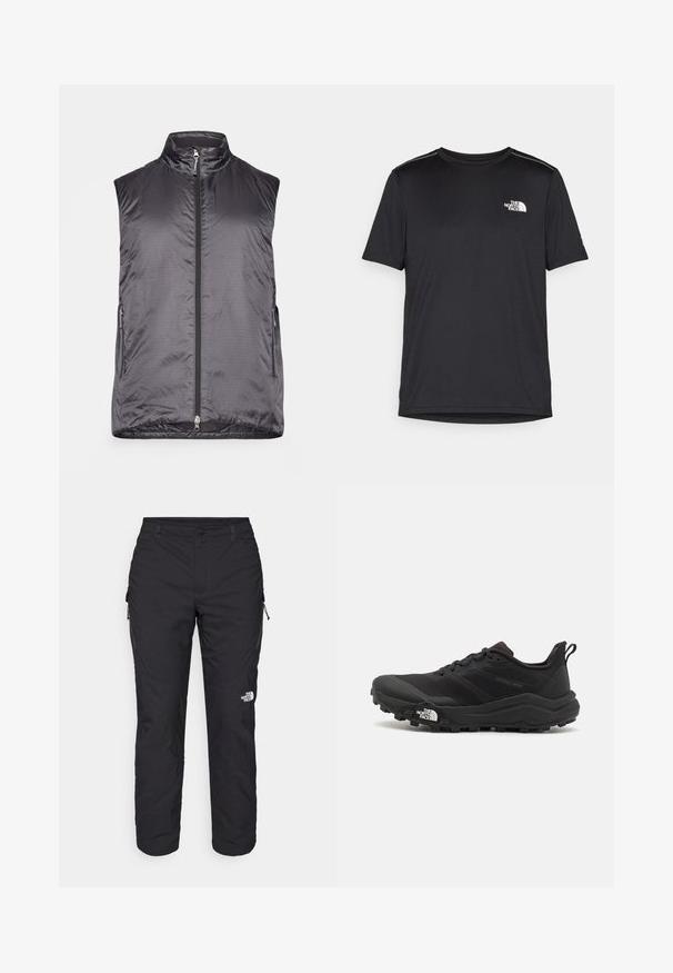Houdini VEST - Waistcoat - true black; Black short-sleeve T-shirt made from lightweight fabric. Features a small white logo on the left chest and subtle shoulder accents.; The North Face WINTER EXPLORATION TAPERED CARGO - Outdoor trousers - black; Black trail running shoe with a textured upper, rubber sole, and reinforced toe cap. Features a padded collar and pull tab for easy wear.