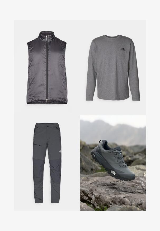 Houdini VEST - Vesta - true black; The North Face M L/S SIMPLE DOME TEE - Top s dlouhým rukávem - medium grey heather; Šedé venkovní kalhoty s hladkým povrchem, které mají boční kapsu na zip, vyztužené části na kolenou a decentní detail loga.; Šedá trailová běžecká bota s texturovaným svrškem, odolnou gumovou podrážkou a vyztuženou špičkou. Obsahuje tkaničky a logo značky na straně.