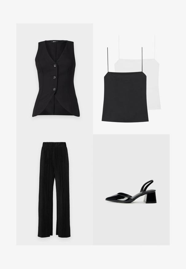 Crni bezrukavni prsluk s V-izrezom, koji ima tri crna dugmeta i prilagođeni kroj. Gladak tekstura s oštrim dizajnom.; Prikazane su dvije majice bez rukava: jedna crna i jedna bijela. Obje imaju tanke naramenice i prilagođeni su dizajn od glatkog, rastezljivog materijala.; Crne plisirane hlače s elastičnim pojasom. Imaju široke nogavice i glatku, teksturiranu tkaninu s vertikalnim prugama.; Crne lakirane kožne sandale s otvorenom petom i špicastim vrhom, s geometrijskom blok petom. Imaju elegantan, minimalistički dizajn i glatku teksturu.
