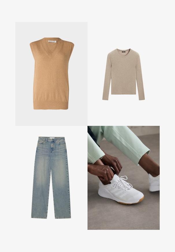 V-hals, mouwloze trui in zacht camelkleurig breiwerk met geribbelde zoom, gemaakt van fijne materialen. Eenvoudig ontwerp zonder extra patronen of accenten.; Massimo Dutti RIBBED CREW NECK - Trui - LIGHT BROWN; Lichtblauwe high-waist spijkerbroek met rechte pijpen, voorzakken, riemlussen en zichtbare knoop- en ritssluiting.; Witte sportieve schoen met een mesh bovenkant, rubberen zool en een design met drie strepen. Veters worden versteld; lichtgrijze en mintgroene kleding zichtbaar.