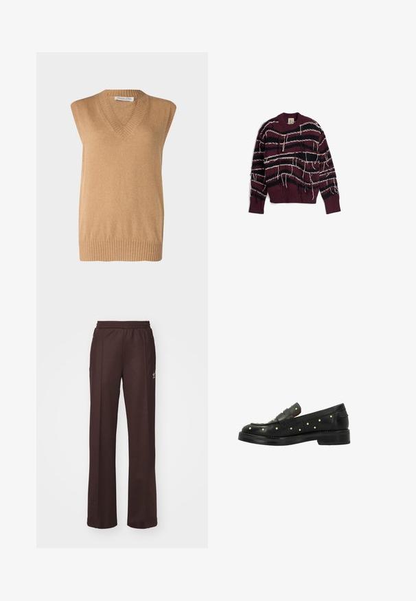 Ärmelloser V-Ausschnitt-Pullover aus weichem, camel-farbenem Strick mit Rippenbund, gefertigt aus feinen Materialien. Schlichtes Design ohne zusätzliche Muster oder Akzente.; Bordeauxrot gestrickter Pullover mit schwarz-weißen horizontalen Streifen, ausgestattet mit ausgefransten Kanten sowie einem gerippten Kragen und Saum.; Braune Sporthose mit einem elastischen Bund, zwei Seitentaschen und einem kleinen Logo auf der linken Seite, gefertigt aus weichem Stoff.; Schwarze Lederloafers mit Nietenakzenten, mit einem niedrigen Absatz und einem gewebten Design im Obermaterial, glatter Textur und runder Zehenform.