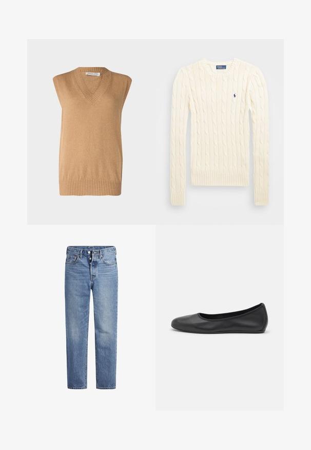 V-nyakú, ujjatlan pulóver, puha tevebarna kötött anyagból, bordás szegéllyel, finom anyagokból készült. Egyszerű dizájn, további minták vagy kiegészítések nélkül.; Krém színű, kabelmintás pulóver hosszú ujjal, bordás mandzsettával és aljjal, bal mellen egy kis hímzett logóval.; Világoskék farmernadrág egyenes szabással, öt zsebes dizájnnal és gombos nyereggel. Finom kopásokkal és narancssárga varrási részletekkel rendelkezik.; Fekete bőr balettcipő lekerekített orral, sima tekstúrával, minimális varrással és rugalmas talp kialakítással.