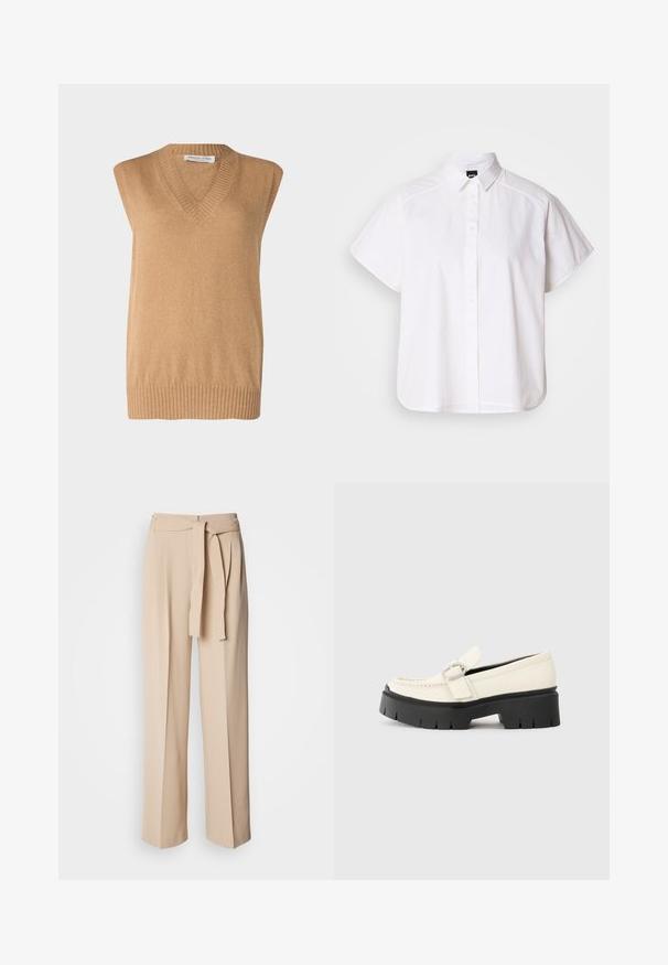 Maglione senza maniche con scollatura a V, realizzato in morbido cotone color cammello con orlo a coste, realizzato con materiali pregiati. Design semplice senza ulteriori motivi o dettagli.; Camicia bianca a maniche corte con colletto a punta e orlo curvo. Realizzata in cotone con una texture liscia e senza motivi visibili.; Pantaloni beige a vita alta con cintura a tie, design a gamba larga, tessuto liscio e morbido. Presentano delle pieghe sul davanti.; Mocassino in pelle bianca con suola platform nera chunky, caratterizzato da una fibbia rettangolare argentata e dettagli di cucitura visibili sulla parte superiore.