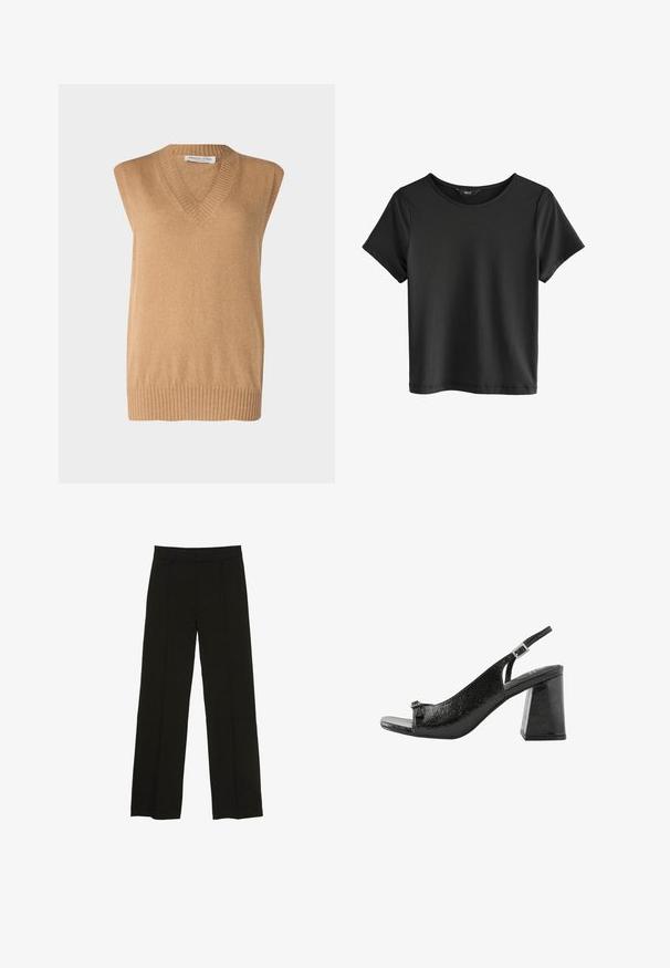 Pull à col en V, sans manches, en tricot doux de couleur camel avec un ourlet côtelé, fabriqué à partir de matières fines. Design simple sans motifs ou accents supplémentaires.; T-shirt noir à manches courtes avec un col rond. Fabriqué en tissu doux, avec une texture lisse et un design simple et minimal.; Pantalons larges noirs en tissu lisse, dotés d'une taille ajustée et de plis avant subtils pour ajouter de la texture.; Next Sandales - black