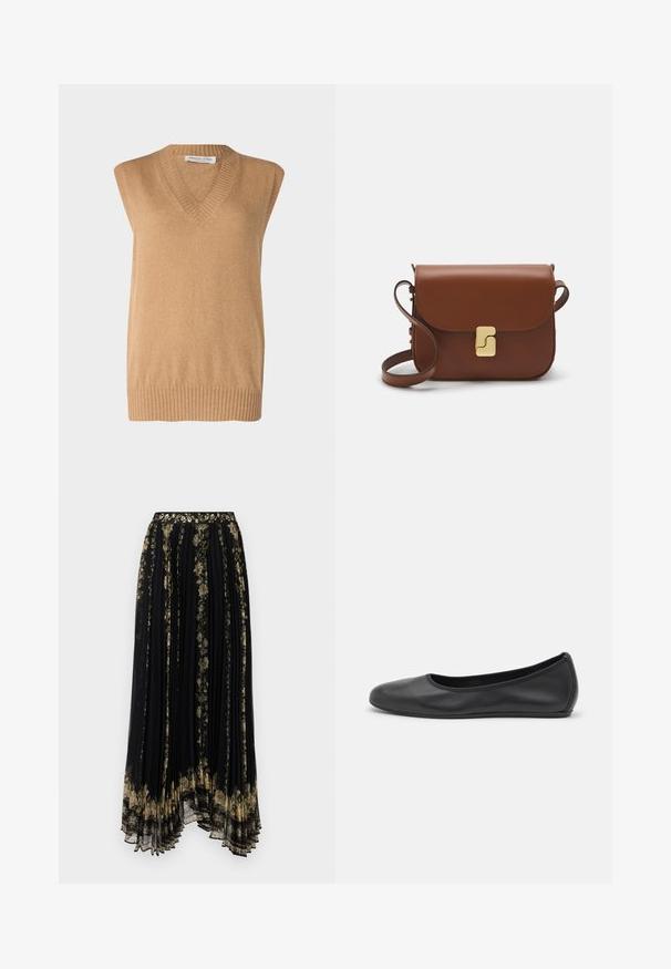 Pull à col en V, sans manches, en tricot doux de couleur camel avec un ourlet côtelé, fabriqué à partir de matières fines. Design simple sans motifs ou accents supplémentaires.; T-shirt blanc à manches courtes en tissu côtelé. Col rond, coupe régulière et détails de couture subtils. Aucune motif ni graphique.; Jupe plissée noire avec broderie florale dans des tons dorés et verts, dotée d'une taille décorative et d'un ourlet fluide et asymétrique.; Ballerines en cuir noir avec un bout rond, texture lisse, détails de couture minimalistes et design de semelle flexible.; Sac à main en cuir marron avec une fermeture à rabat, des accents en métal doré, une bandoulière et une texture lisse. Forme rectangulaire compacte.