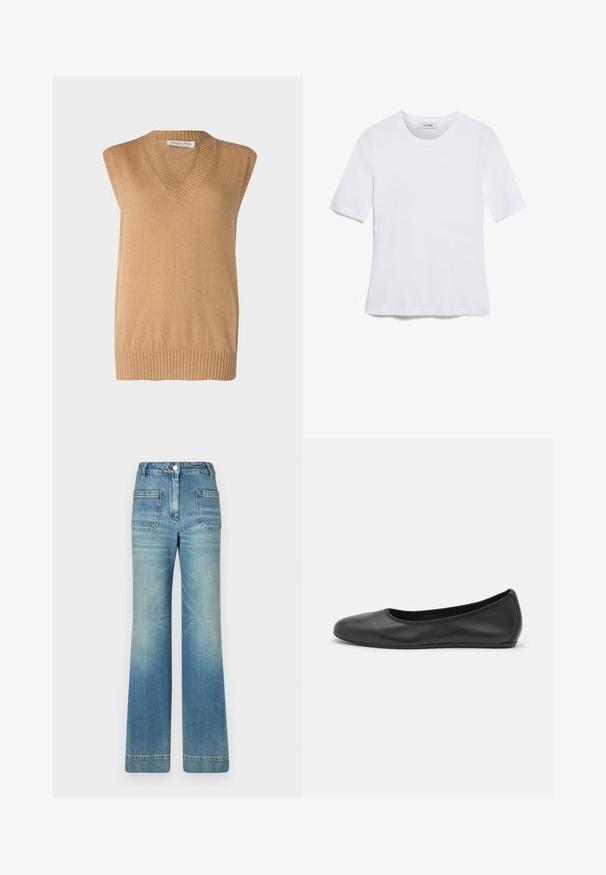 V-nyakú, ujjatlan pulóver, puha tevebarna kötött anyagból, bordás szegéllyel, finom anyagokból készült. Egyszerű dizájn, további minták vagy kiegészítések nélkül.; Fehér, rövid ujjú póló ribbed anyagból. Kerek nyakkivágás, normál szabás és diszkrét varrási részletek. Nincsenek minták vagy grafikák.; Világoskék, trapéz szabású farmernadrág öt zsebbel, övhurkokkal, gombos záródással és enyhén fakó textúrával, a hátsó részén egy piros logó részlettel.; Fekete bőr balettcipő lekerekített orral, sima tekstúrával, minimális varrással és rugalmas talp kialakítással.