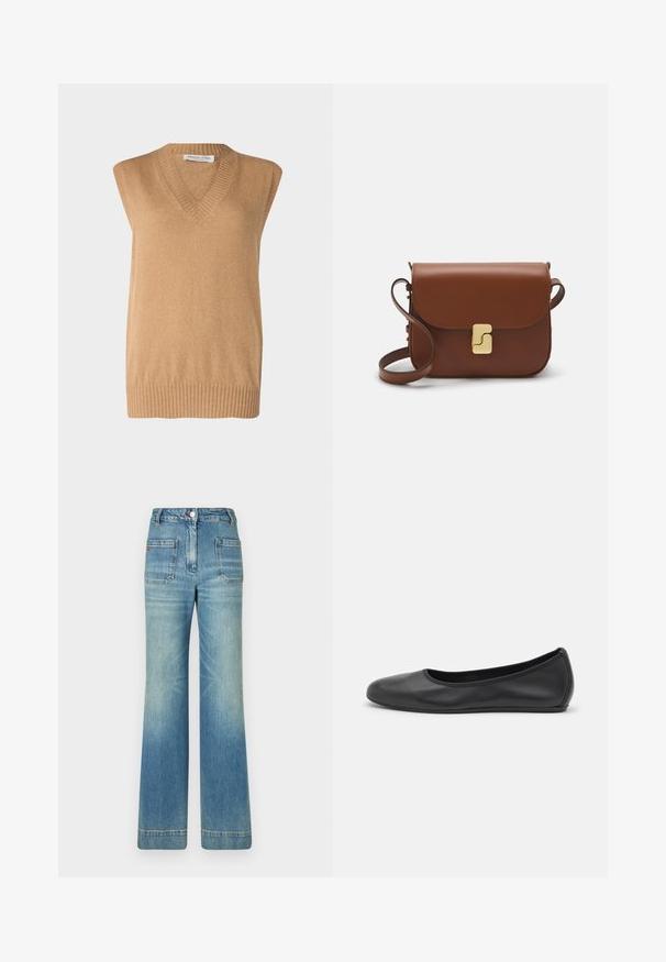 Sveter s výstrihom do V, bez rukávov, v mäkkom pletenom camelovom odtieni so skoseným lemom, vyrobený z kvalitných materiálov. Jednoduchý dizajn bez ďalších vzorov alebo akcentov.; Biela krátka tričko s krátkymi rukávmi vyrobené z rebrovanej látky. Klasický okrúhly výstrih, bežný strih a jemné švy. Bez vzorov alebo grafiky.; Svetlomodré rifľové rozšírené džínsy s piatimi vreckami, pútkami na opasok, zapínaním na gombík a mierne blednutou textúrou, s červeným logom na zadnej strane.; Čierne kožené baleríny s okrúhlou špičkou, hladkým povrchom, minimálnym prešívaním a flexibilným dizajnom podrážky.; Hnedá kožená kabelka s klopou, zlatými kovovými prvkami, ramenným popruhom a hladkým povrchom. Kompaktný obdĺžnikový tvar.