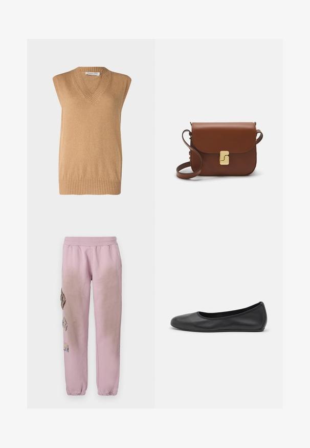 V-ringad, ärmlös tröja i mjukt kamelfärgat garn med ribbad fåll, tillverkad av fina material. Enkelt design utan ytterligare mönster eller detaljer.; Vit kortärmad t-shirt i ribbat tyg. Rund halsringning, normal passform och diskreta sömdetaljer. Inga mönster eller tryck.; Rosa sweatpants med elastisk midjeband, med dekorativa lappar i diamantsform på vänster sida och elastiska manschetter vid anklarna.; Svart läderballerinaskor med rund tå, slät yta, minimala söm detaljer och en flexibel sula.; Brun läderhandväska med klaffstängning, guldfärgad hårdvara, axelrem och en slät yta. Kompakt rektangulär form.