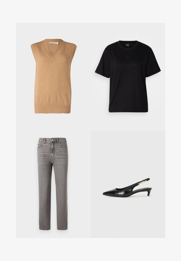 Suéter sin mangas de cuello en V en suave punto color camel con bajo acanalado, fabricado con materiales de alta calidad. Diseño sencillo sin patrones ni acentos adicionales.; Camiseta de algodón negra con cuello redondo, mangas cortas y un logo bordado en el pecho. Ajuste simple y relajado sin patrones.; Vaqueros de denim gris con un diseño de corte recto, cintura de altura media, cinco bolsillos y sutiles detalles de costura vertical. Textura suave y ligera.; Tacones negros de piel sintética tipo slingback con punta afilada, que cuentan con un tacón delgado y un detalle en tono dorado en la correa ajustable. Textura suave.