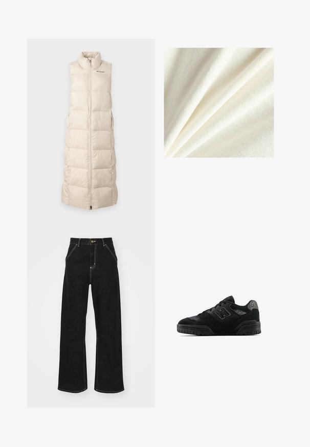 Beige, ärmellose Steppweste mit hohem Kragen, Reißverschluss, gestepptem Design und dezentem Logo-Detail auf der Brust. Leichtes Design.; Weißer Fleece-Stoff mit einer weichen, plüschigen Textur, die glatte und leicht erhobene Fasern zeigt, die in sanften Falten angeordnet sind.; Schwarze weit geschnittene Jeans aus Denim, mit kontrastierenden weißen Nähten und einem vorderen Knopfverschluss, ausgestattet mit zwei schrägen Fronttaschen.; Schwarze Low-Top-Sneaker mit strukturiertem Sohlen, Schnürdesign, Wildlederpaneelen und gemusterten Akzenten an der Ferse sowie am Seitenlogo.
