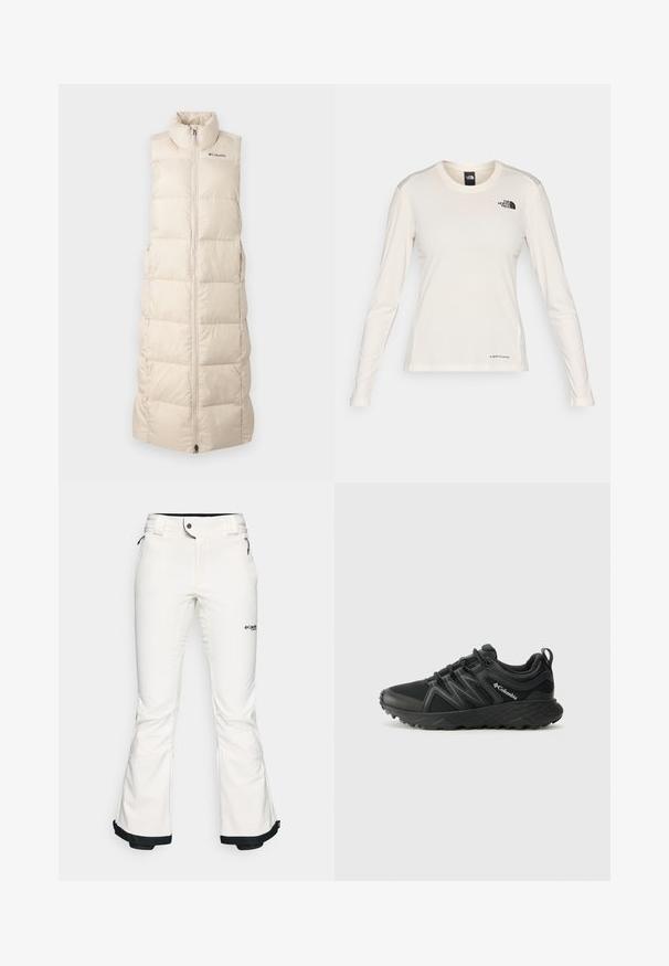 Bežinė, be rankovių pūkinė liemenė su aukštu apykakle, užtrauktuko uždarymu, siuvinėta tekstūra ir subtiliu logotipo akcentu ant krūtinės. Lengvas dizainas.; The North Face SHADOW LONG SLEEVE - Ilgarankovis viršutinės dalies drabužis - white dune; Baltos slidinėjimo kelnės, pagamintos iš minkštos, lankščios medžiagos. Yra prigludusi juosmens dalis, plačios išsiplėtusios kojų dalys ir juodo atvarto detalės ant kelnių apačios. Matomas prekės ženklo logotipas.; Columbia PEAKFREAK - Turistiniai batai - black