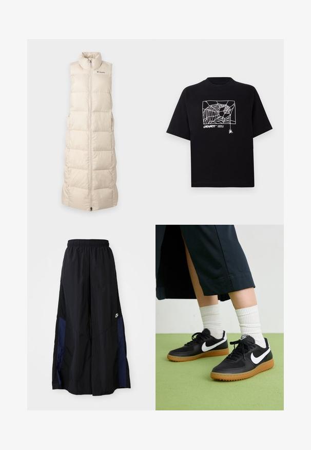 Beidzis, bez piedurknēm, uzpūsts veste ar augstu apkakli, ar rāvējslēdzēja aizdari, quilted rakstu un smalku logotipa detaļu uz krūtīm. Viegls dizains.; Melnā kokvilnas T-kreklā ir īsas piedurknes. Uz priekša ir balti zirnekļa tīkla grafika un logo. Vienkārša noapaļota izgriezne.; Melni plata kāju bikses no viegla auduma, ar tumši zilu sānu paneli un elastīgu jostu. Mazs balts logotips apakšā.; Melna āda un sintētiska materiāla sporta apavi ar baltu Nike logo, gumijas zole, apaļa purngala forma un melni šņores. Redzamas ribotas baltas zeķes.