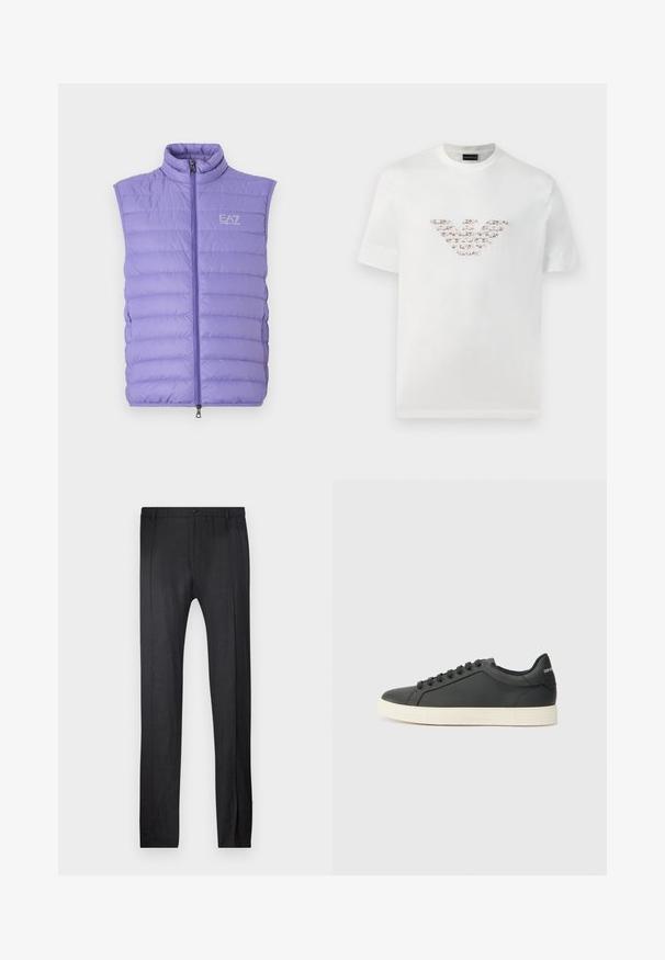 Ανοιχτό μωβ γιλέκο πούφ που διαθέτει ψηλό γιακά, κλείσιμο με φερμουάρ και ραφή σχεδίου. Περιλαμβάνει το λογότυπο EA7 στο στήθος και πλαϊνές τσέπες.; Λευκό βαμβακερό t-shirt με κοντά μανίκια και στρογγυλή λαιμόκοψη. Περιλαμβάνει ένα κεντρικό λογότυπο σε ροζ και καφέ αποχρώσεις.; Emporio Armani TROUSER - Παντελόνι - nero; Μαύρο δερμάτινο αθλητικό παπούτσι με χαμηλό προφίλ, στρογγυλή μύτη και κλείσιμο με κορδόνια. Διαθέτει υφή ελαστική σόλα και λεπτομέρεια λογότυπου στη φτέρνα.