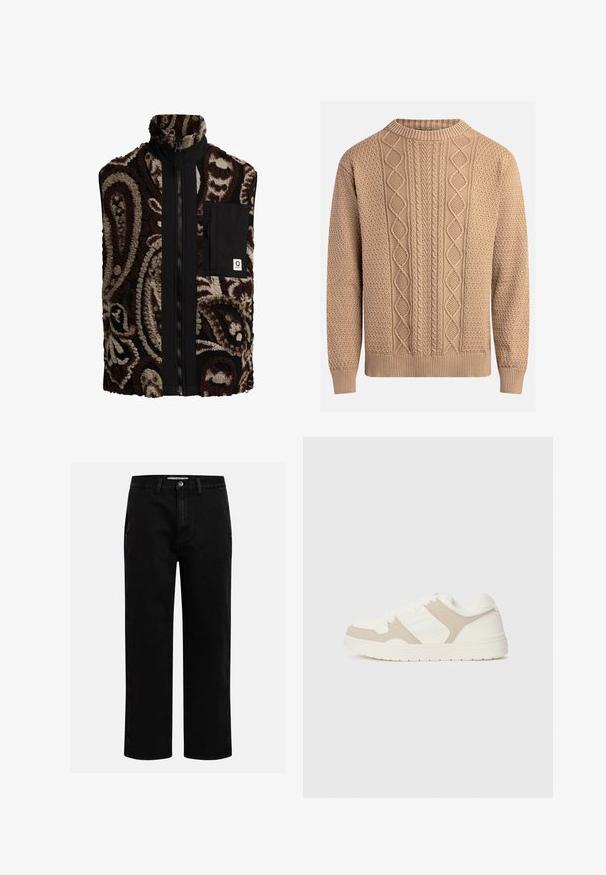 Fleece-Weste mit Paisleymuster in Braun und Beige, schwarzer Stofffront, hohem Kragen, Reißverschluss und einer Brusttasche.; Beiger Strickpullover mit strukturierten Mustern. Verfügt über einen Rundhalsausschnitt, gerippte Bündchen und unterschiedliche Zopfmuster auf der Vorderseite.; Schwarze Jeanshose mit geradem Schnitt, klassischem Fünf-Taschen-Design und einem Knopfverschluss an der Taille. Glatte Textur und strapazierfähiger Stoff.; Weiße und beige Sneaker mit einer Kombination aus glatten und Wildleder-Oberflächen, runder Zehenpartie, Schnürverschluss und flacher Gummisohle.