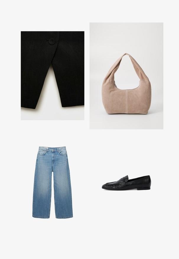 Schwarzer Wollmischungs-Mantel mit einem einzelnen runden Knopf und einem scharfen, schrägen Saum, mit einer glatten Textur und klaren Linien.; Schwarzer Strickpullover mit Rundhalsausschnitt, langen Ärmeln und cropped Design. Hergestellt aus einem weichen Material mit glatter Textur.; Hellblaue weite Jeans aus Denim, mit einem klassischen Fünf-Taschen-Design und einem Knopfverschluss. Im ganzen Stoff mit einem verwaschenen Look.; Schwarze Lederloafers mit runder Zehe, gestickten Details an der Vorderseite und flacher Sohle. Minimalistisches Design mit dezentem Logoakzent.; Hobo-Tasche aus weichem Wildledermaterial in einem hellen Beigeton. Verfügt über eine runde Form, einen breiten Riemen und einen Reißverschluss.