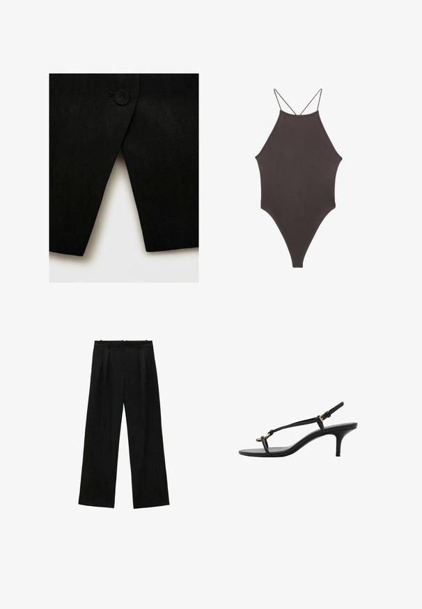 Črn plašč iz volnene mešanice s posameznim krožnim gumbom in ostrim, nagnjenim robom, z gladko teksturo in čistimi linijami.; Rjav, enodelni kopalke z visokim ovratnikom in tankimi nastavljivimi naramnicami; ima visok rez na nogah in gladko teksturo. Brez vzorcev ali okrasnih elementov.; Črne široke hlače z naborki, ki imajo gladko teksturo in visok pas. Minimalističen slog, brez vidne opreme ali okrasnih elementov.; Črne usnjene sandale s kitten peto, tankimi trakovi, zlate zaponke in minimalistično zanko za prste na beli podlagi.