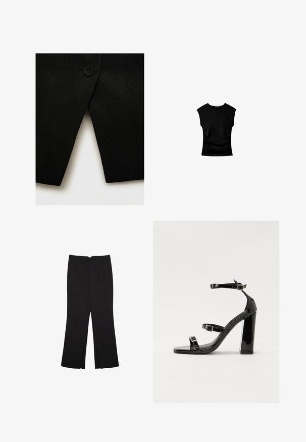 Cappotto in misto lana nero con un unico bottone circolare e un orlo affilato e inclinato, caratterizzato da una texture liscia e linee pulite.; Top corto nero a maniche corte con una silhouette aderente, caratterizzato da dettagli arricciati ai lati e un tessuto liscio e elasticizzato per il comfort.; Pantaloni neri a gamba dritta, con tasche frontali e spacchi laterali all'orlo. Realizzati in tessuto morbido e liscio. Adatti a diverse occasioni.; Sandali con tacco in vernice nera, con punta squadrata, cinturini alla caviglia e fibbie in argento. Presentano un tacco a blocco spesso per maggiore stabilità.