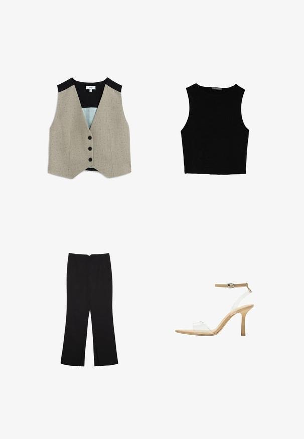 Beżowa kamizelka w kropki, z czarnymi wykończeniami i jasnoniebieską podszewką. Posiada cztery czarne guziki z przodu i dopasowany krój.; Czarny bezrękawnik crop top z gładkiego materiału, z okrągłym dekoltem i czystym, prostym wzornictwem, bez wzorów czy metalowych elementów.; Czarne spodnie o prostym kroju, z przednimi kieszeniami i bocznymi rozcięciami na dole. Wykonane z miękkiego, gładkiego materiału. Odpowiednie na różne okazje.; Przezroczysta sandał z obcasem, z przezroczystą cholewką, beżową wkładką i smukłym paskiem w okolicy kostki. Posiada spiczasty czubek i cienki wysoki obcas.