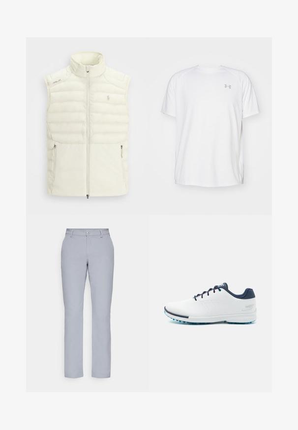 Biely nadýchaný vest s vysokým golierom, zipsom vpredu, bočnými vreckami a jemným prešívaným vzorom; na hrudi sa nachádza malé logo.; Biele atletické tričko s krátkym rukávom vyrobené z hladkej tkaniny. Má okrúhly výstrih a šedé logo na ľavej hrudi, so štrbinami po stranách na leme.; Svetlošedé nohavice s rovnými nohavicami, zapínaním na gombík, prednými vreckami a hladkým, štruktúrovaným materiálom. Minimalistický dizajn, bez vzorov.; Biele atletické topánky s hladkým syntetickým vrchom, modrými akcentmi, texturovaným námorníckym opätkom a ľahkou, hrotovanou podrážkou pre trakciu.