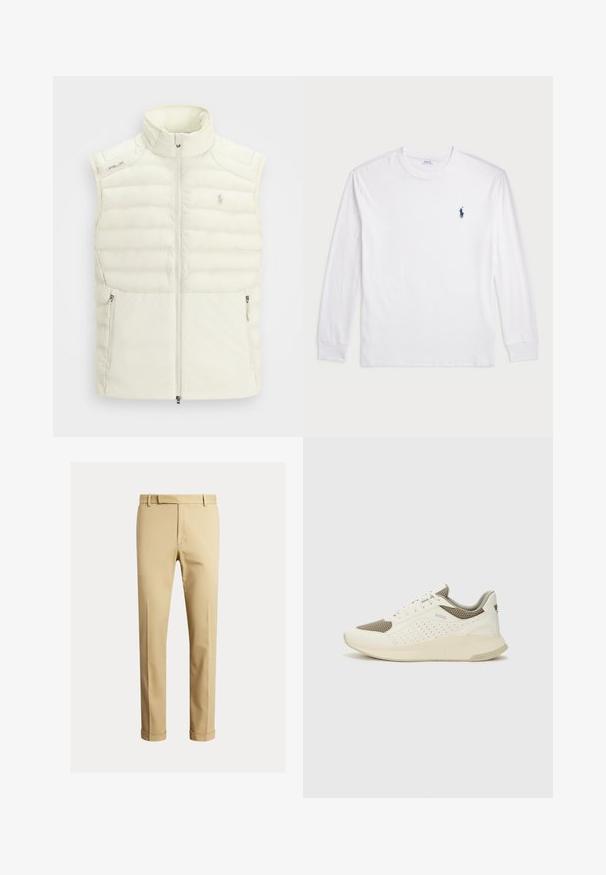 White puffer vest with a high collar, zippered front, side pockets, and subtle quilted design; features a small logo on the chest.; White long-sleeve T-shirt made of cotton. Features a round neckline, ribbed cuffs, and a small navy blue polo logo on the left chest.; Khaki chinos made of smooth cotton fabric, featuring a fitted design, front pleats, and cuffs at the ankle for a tapered look.; White and light beige athletic sneaker, featuring a mesh upper, perforated detailing, and a textured midsole with branding on the heel.