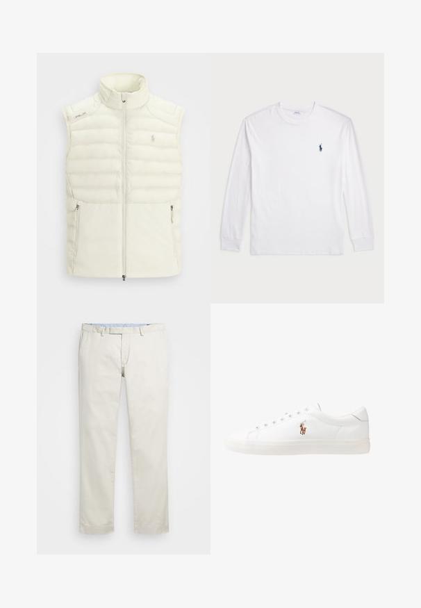 Vit puffer-väst med hög krage, dragkedja framtill, sidofickor och subtila quiltade detaljer; har en liten logo på bröstet.; Vit långärmad T-shirt tillverkad av bomull. Har en rund halsringning, ribbade ärmslut och en liten marinblå polo-logotyp på vänster bröst.; Beige bomullskinos med rak framdel, bältesöglor och sidofickor. Rakt ben med en slät textur och en lätt, andningsbar känsla.; Vita lädersneakers, låg design, med en slät yta, rund tå, snörning fram och en liten broderad logotyp på sidan.