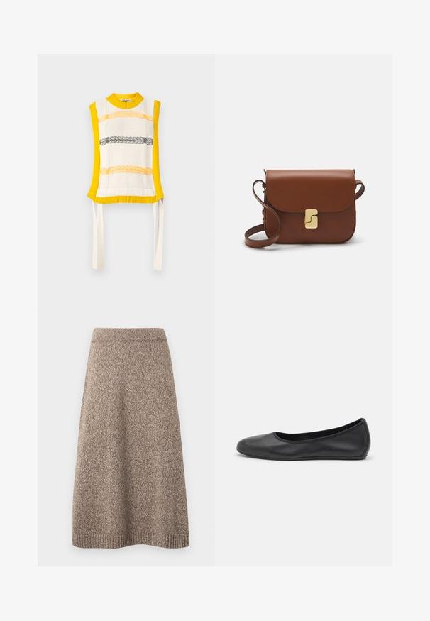 Henrik Vibskov NEW STITCH VEST - Väst - beige; Ljusbeige kortad tröja med dragkedja i mock neck, med ett strukturerat mönster samt ribbade mudd och nederkant. Kombinerar stickade och vävda material.; Stickad kjol i en varm brun nyans med ett strukturerat mönster, figursydd midja och en utsvängd silhuett, med ribbade detaljer vid fållen.; Svart läderballerinaskor med rund tå, slät yta, minimala söm detaljer och en flexibel sula.; Brun läderhandväska med klaffstängning, guldfärgad hårdvara, axelrem och en slät yta. Kompakt rektangulär form.