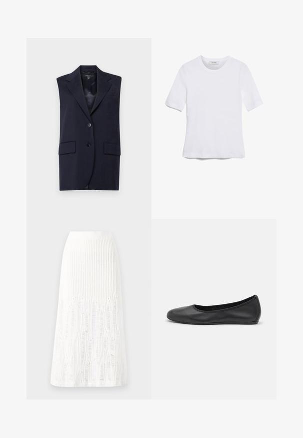 WEEKEND MaxMara DONNA - Waistcoat - blu; White short-sleeve t-shirt made of ribbed fabric. Round neckline, regular fit, and subtle stitching details. No patterns or graphics.; Knit white midi skirt featuring a textured pattern with vertical lines and cut-out details near the hem. Elastic waistband. Soft material.; Black leather ballet flat with a rounded toe, smooth texture, minimal stitching detail, and a flexible sole design.