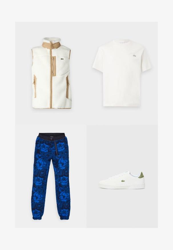 Lacoste Vest - flour/viennese; Valge puuvillane T-särk lühikeste varrukatega, millel on diskreetne brodeeritud logo ja minimalistlik disain. Pehme tekstuur, ümar kaelusekujundus.; Sinine fliisikangas, millel on lillemuster, must elastne vöökoht koos nööriga. Tekstureeritud kangas, elastsete mansettidega pahkluude juures.; Valged tossud siledast materjalist, millel on roheline aktsent kannaosas ja väike tikandiga krokodillilogo külgedel.