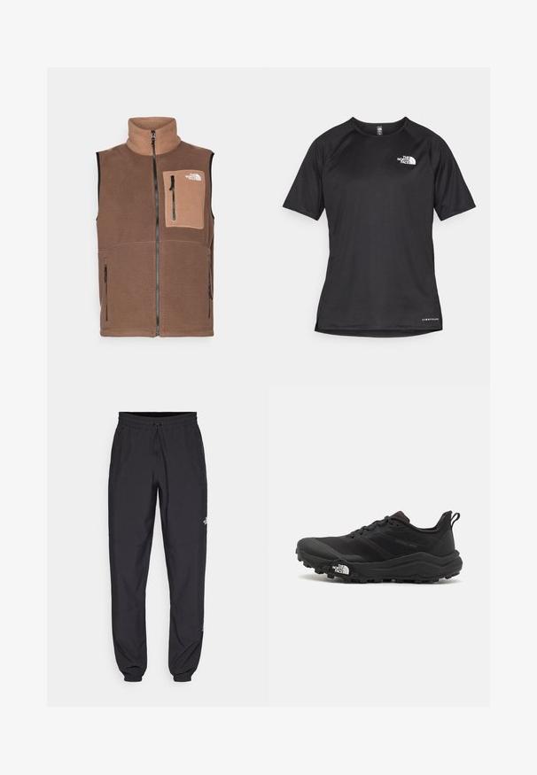 Rudas pūkinis liemenė su aukštu apykaklę, priekyje užtrauktuku ir krūtinės kišene. Pasižymi tekstūruota paviršiumi ir logotipu kišenėje.; Juoda trumpa rankovė atletinė marškinė, pagaminta iš tekstūruotos medžiagos, su baltu logotipu kairėje krūtinės pusėje ir tiesiu apdailos kraštu.; Juodos sportinės kelnės, pagamintos iš lengvos medžiagos, su raišteliu liemens srityje, šoniniais kišenėmis ir siaurėjantys apykaklės prie kulkšnies.; Juoda bėgimo batai su tekstūruotu paviršiumi, guma padais ir sustiprinta pirštų dalimi. Yra paminkštinta apykaklė ir kilpos, leidžiančios lengvai užsidėti.