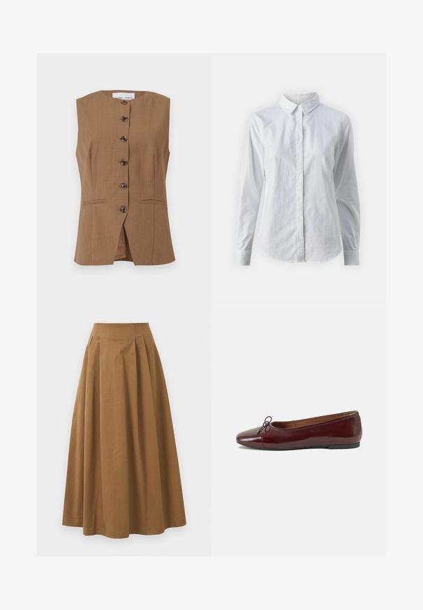 Hnědá bezrukávová vesta s vysokým výstřihem, šesti tmavými knoflíky vpředu a dvěma šikmými kapsami. Hladká, strukturovaná tkanina.; Bílá košile na knoflíky vyrobená z hladké bavlny, s klasickým límcem, dlouhými rukávy a zakřiveným spodním lemem. Knoflíky jsou malé a bílé.; Hnědá bavlněná sukně ve stylu A s vysokým pasem, se sklady na přední straně a hladkou texturou. Lemování je čisté a jednoduché.; Burgundské lakové baleríny s kulatou špičkou, malou mašlí vpředu a nízkou černou gumovou podrážkou. Hladký povrch.