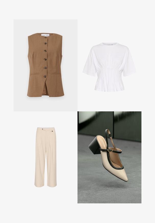 Brown sleeveless vest with a high neckline, six dark buttons down the front, and two angled pockets. Smooth, textured fabric.; White short-sleeve top made of soft fabric, featuring a round neckline and gathered detailing at the waist for a fitted look.; Beige wide-leg trousers with a flat front, two side pockets, a button closure, and pleated detailing for added texture and design.; Beige high-heeled slingback shoe with pointed toe, black trim, and buckle detail. Smooth material with a matte finish, medium block heel.