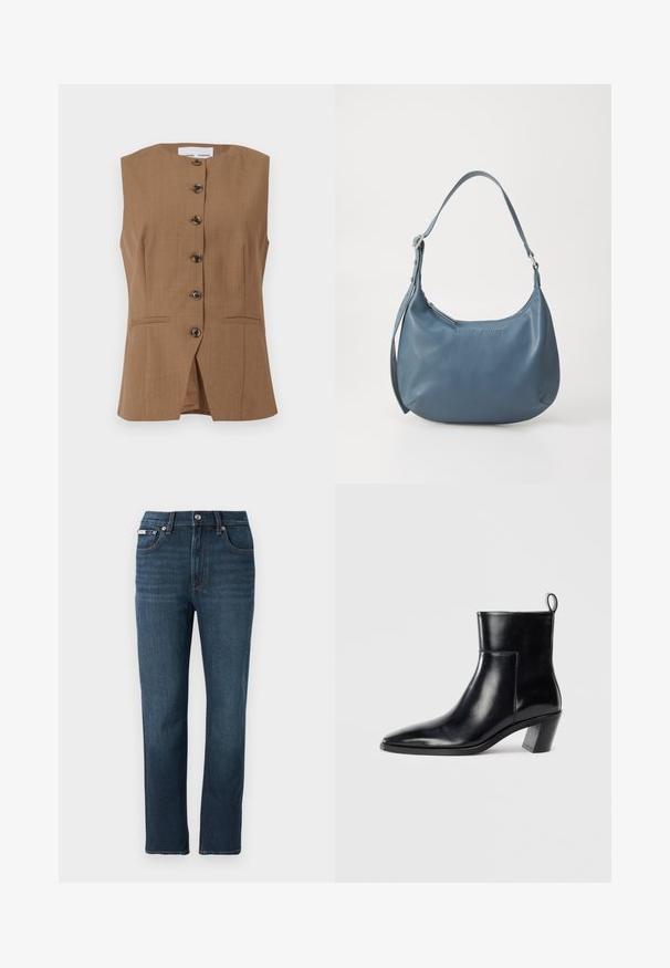 Brown sleeveless vest with a high neckline, six dark buttons down the front, and two angled pockets. Smooth, textured fabric.; Gray ribbed tank top with a fitted design, wide armholes, and a rounded neckline. Made from soft cotton fabric with a smooth texture.; Dark blue denim jeans with a straight-leg design, front pockets, a button closure, and subtle stitching detail on the waistband.; Black leather ankle boot with a pointed toe, a geometric stacked heel, and a pull tab at the back. Smooth texture and sleek design.; Blue leather handbag with a rounded shape, single shoulder strap, zip closure, and embossed brand name on the front. Smooth texture.