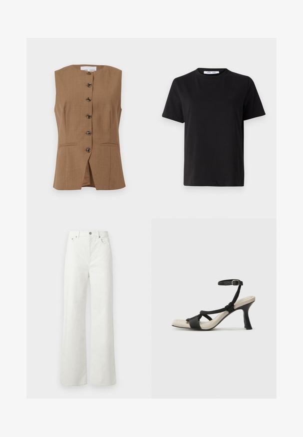 Rudas be rankovių liemenė su aukšta apykakle, šešiais tamsiais mygtukais priekyje ir dviem įstrižais kišenėmis. Lygi, tekstūruota medžiaga.; Juodas trumpas rankovės marškinėliai, pagaminti iš minkštos medvilnės, su apvaliu iškirpimu, laisvu pritaikymu ir lygiu paviršiumi. Nėra matomų raštų ar grafikos.; Samsøe Samsøe SHELLY - Laisvo kirpimo džinsai - clear cream; Juodų aukštakulnių sandalų su pintu dirželiu dizainas, kvadratine nosimi ir reguliuojamu kulkšnies dirželiu. Šviesiai bežė padas su blizgiu juodu kulnu.