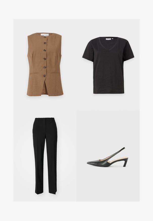 Braun ärmellose Weste mit hohem Kragen, sechs dunklen Knöpfen vorne und zwei schrägen Taschen. Glattes, strukturiertes Stoff.; Schwarzes Baumwoll-T-Shirt mit V-Ausschnitt und kurzen Ärmeln. Einfaches Design mit normalem Schnitt und ohne Muster oder Akzente.; Schwarze, taillierte Hose mit geradem Bein, aus einem glatten Stoff und mit klaren Falten an der Vorderseite. Keine sichtbare Hardware.; Schwarzer spitz zulaufender Slingback-Schuh mit niedrigem Absatz, der aus glattem Leder gefertigt ist und seitliche Ausschnitte für Atmungsaktivität aufweist.
