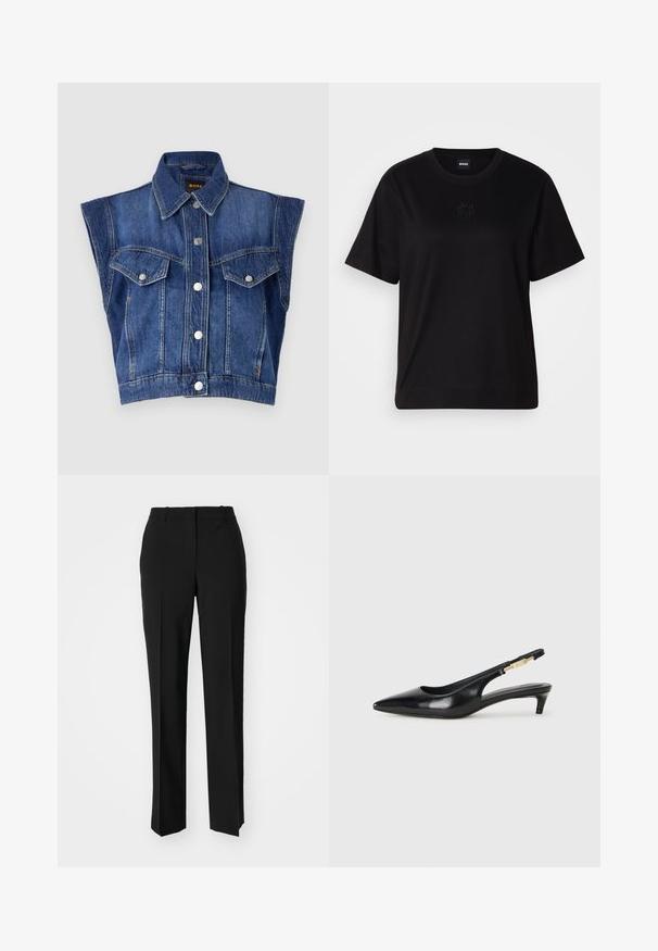 Džinsu veste ar apkakles dekoltē, bez piedurknēm, priekšējām kabatām un sudraba pogu akcentiem. Tumši zilā krāsā ar nolietotu tekstūru.; Melna kokvilnas T-krekls ar apaļu izgriezumu, īsām piedurknēm un izšūtu logotipu uz krūtīm. Vienkāršs, brīvs piegriezums bez rakstiem.; Melnas pielāgotas bikses ar taisnu kāju dizainu, kas raksturojas ar gludu faktūru un asiem krokām pa priekšu. Nav redzamu metāla detaļu.; Melnas ādas slingback zābaki ar smailu purngalu, ar šauru papēdi un zelta krāsas akcentu uz regulējama siksniņas. Gluda tekstūra.