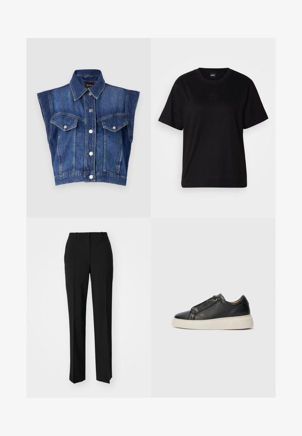 Denim vest with a collared neckline, sleeveless design, front pockets, and silver button accents. Dark blue color with faded texture.; Black cotton t-shirt with a crew neckline, short sleeves, and an embroidered logo on the chest. Simple, relaxed fit with no patterns.; Black tailored trousers with a straight-leg design, featuring a smooth texture and crisp creases along the front. No visible hardware.; Black low-top leather sneaker with white thick sole, lace-up design, and minimal stitching details on a plain light background.