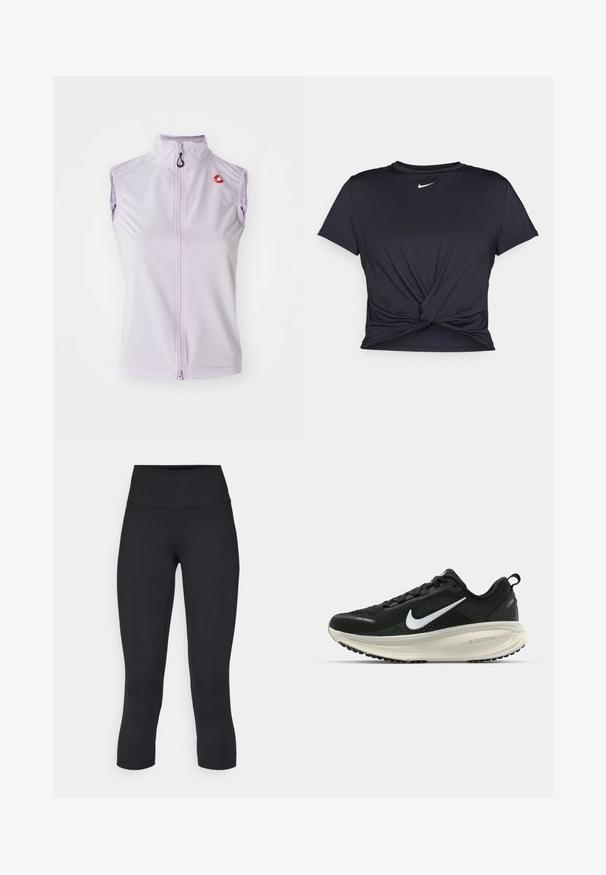 Gilet de cyclisme sans manches lilas avec un col haut et une fermeture éclair à l'avant. Il arbore un petit logo rouge sur la poitrine et est fabriqué dans un tissu lisse et extensible.; T-shirt de sport noir en tissu lisse, avec un design avant noué et un petit logo Nike blanc sur la poitrine.; Leggings noirs coupés en tissu extensible, avec une taille haute et une texture lisse, sans motifs ni éléments visibles.; Baskets de course noir Nike avec tige respirante en mesh, logo swoosh blanc, détails texturés et semelle intermédiaire ZoomX de couleur crème.